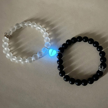 Glow-in-the-Dark Couple Bracelet – Handmade Crown & Heart Charms