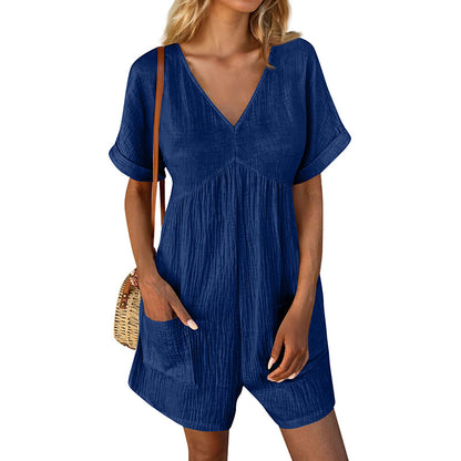 Women’s Summer V-Neck Short Sleeve Romper with Pockets