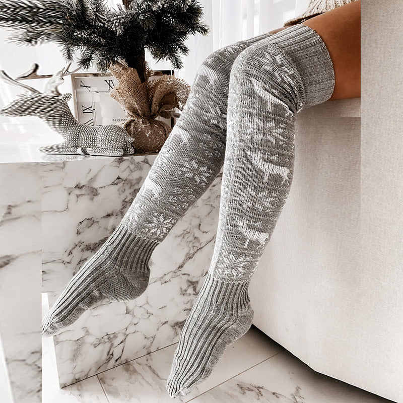 Women's Christmas Over-the-Knee Socks – Warm Knitted Elk & Snowflake Design