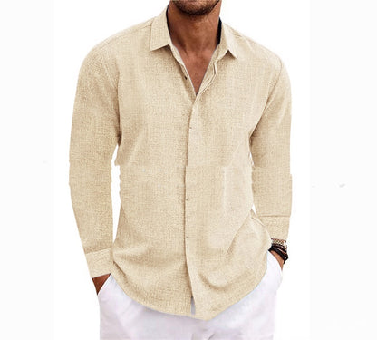 Men’s Long Sleeve Cotton Linen Undershirt Solid Color Shirt