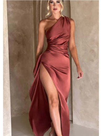 Women's Satin One-Shoulder Backless Slit Dress