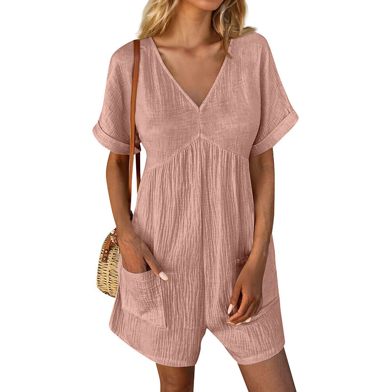 Women’s Summer V-Neck Short Sleeve Romper with Pockets