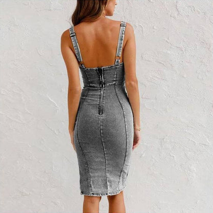 Women's U-Neck Suspender Denim Slim Fit Slit Dress