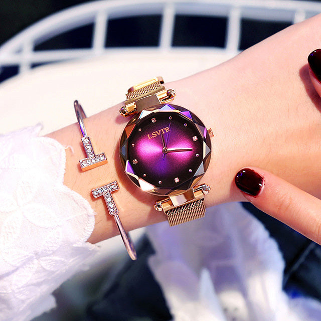 Rose Gold Women’s Diamond Watch – Starry Sky Magnetic Waterproof