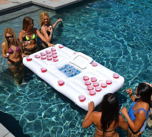 Water Party Inflatable Beer Pong Table – Pool Float with Cup Holders