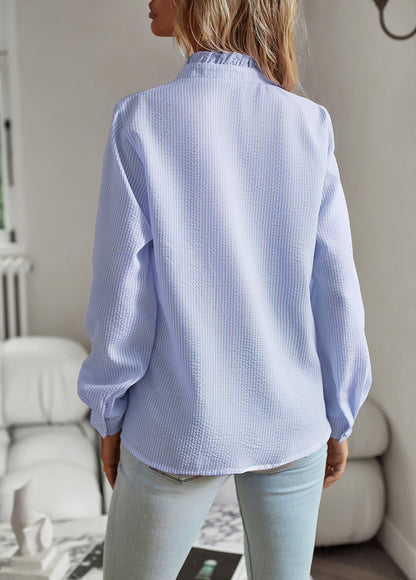 Women’s Striped Long Sleeve Button Up Ruffle Blouse – Casual Office Top