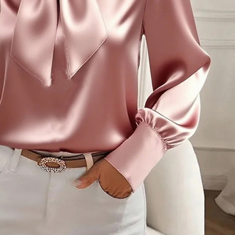 Women’s Satin Bow Blouse – Long Sleeve