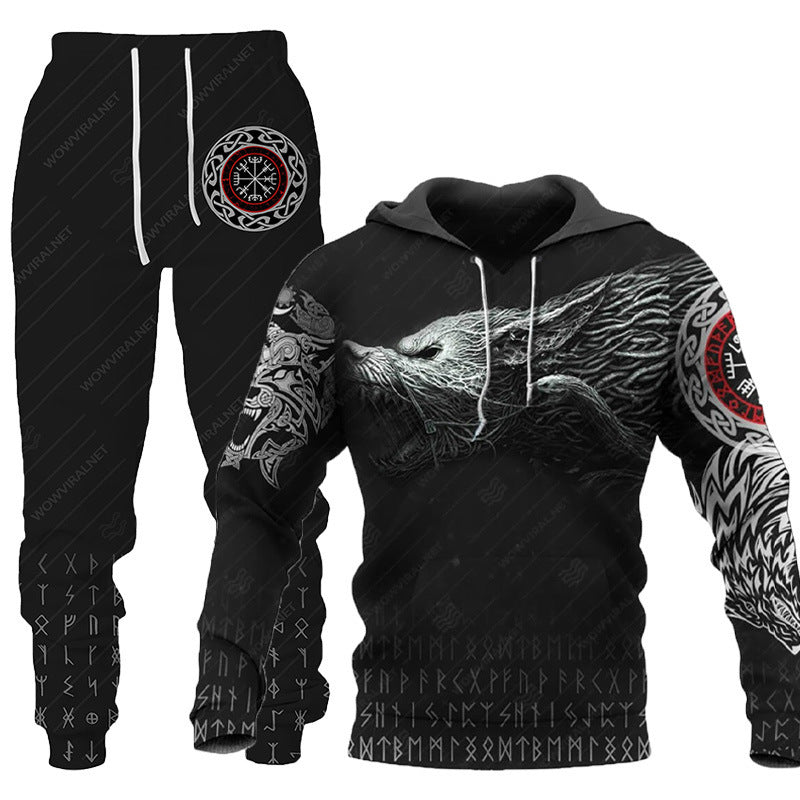 Men’s 3D Wolf Print Tracksuit – Hooded Jogging Set
