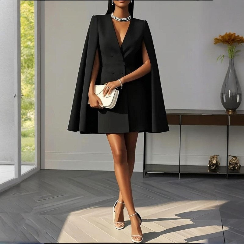 Women’s Elegant V-Neck Double-Breasted Cape Blazer Dress