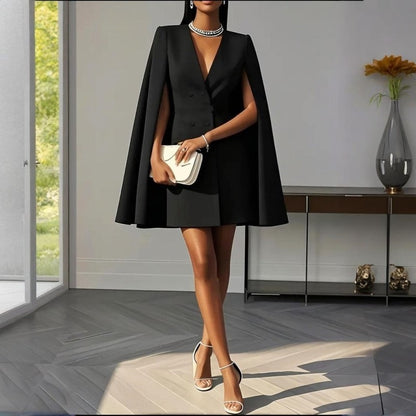 Women’s Elegant V-Neck Double-Breasted Cape Blazer Dress