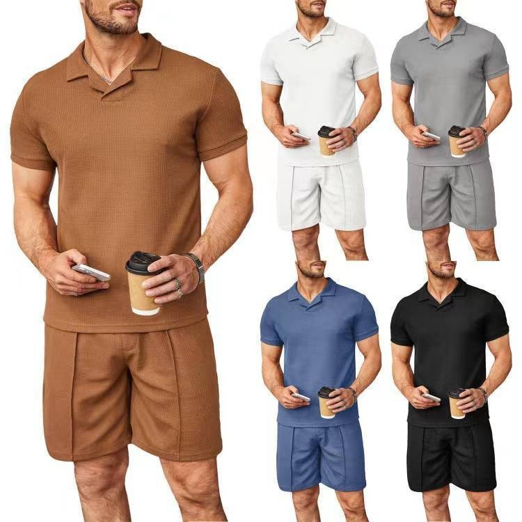 Men’s 2pcs Set V-Neck Polo & Shorts – Summer Casual