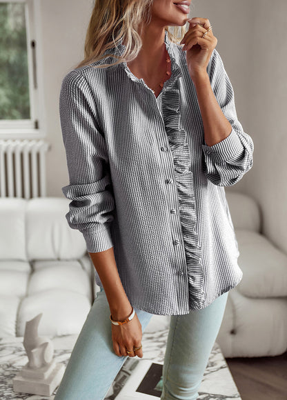 Women’s Striped Long Sleeve Button Up Ruffle Blouse – Casual Office Top