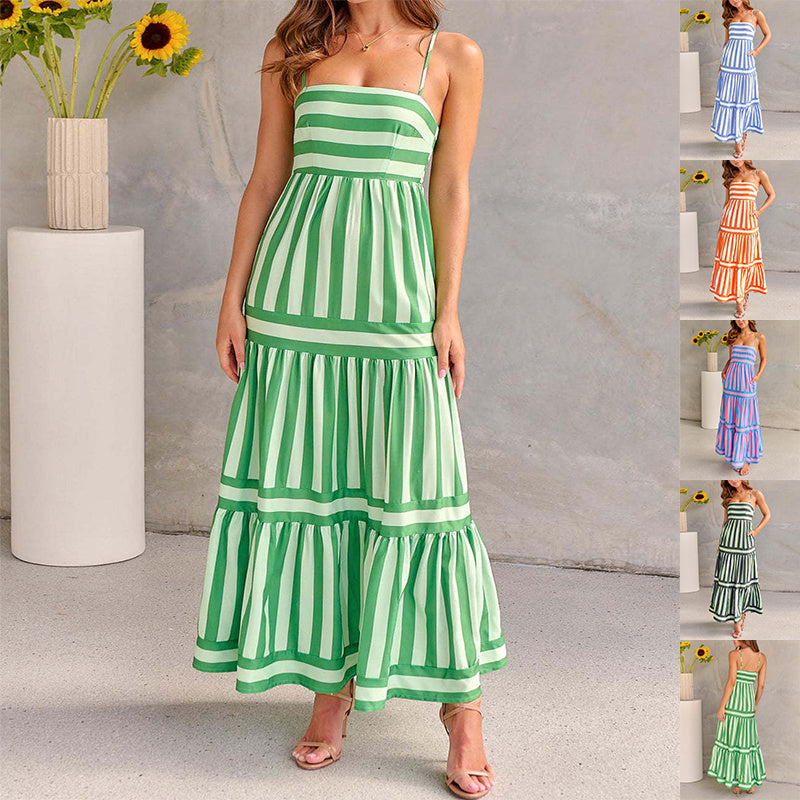 Women’s Striped Sleeveless Maxi Dress with Pockets – Beach Vacation