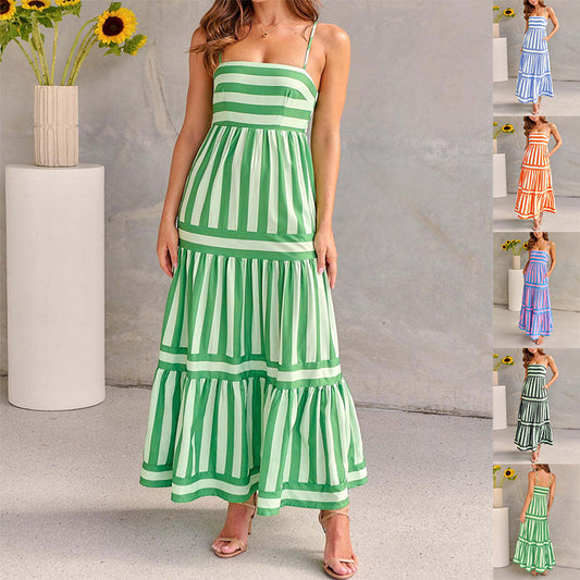 Women’s Striped Sleeveless Maxi Dress with Pockets – Beach Vacation
