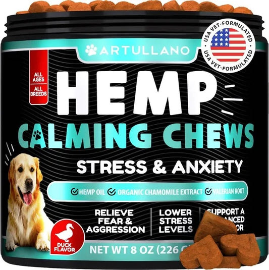 Hemp Calming Chews for Dogs – Anxiety Relief Treats with Hemp Oil, Turmeric, Valerian & Ginger (120 Chews)