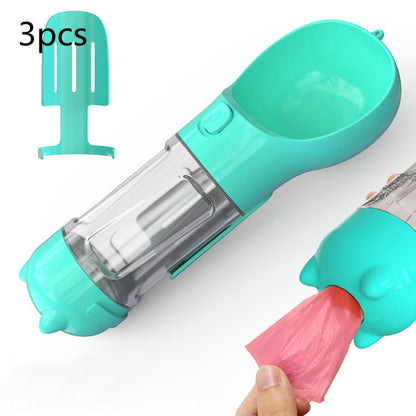 3-in-1 Dog & Cat Water Bottle – Portable Feeder, Bowl & Garbage Bag Dispenser for Travel