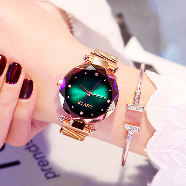 Rose Gold Women’s Diamond Watch – Starry Sky Magnetic Waterproof