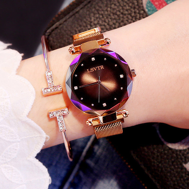 Rose Gold Women’s Diamond Watch – Starry Sky Magnetic Waterproof