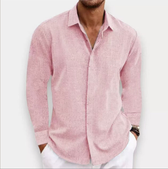 Men’s Long Sleeve Cotton Linen Undershirt Solid Color Shirt