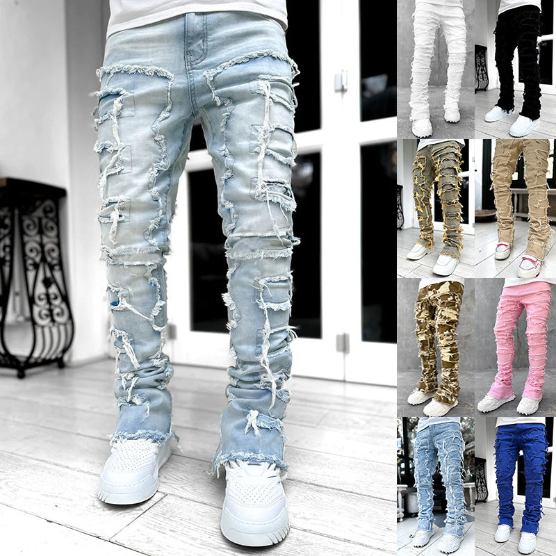 Men’s Stacked Jeans – Slim Fit Patched Denim Trousers