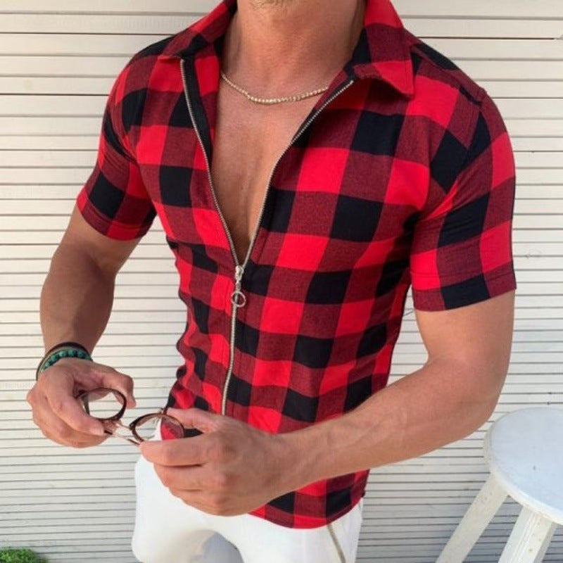 Men’s Plaid T-Shirt – Zipper Short Sleeve Summer Shirt