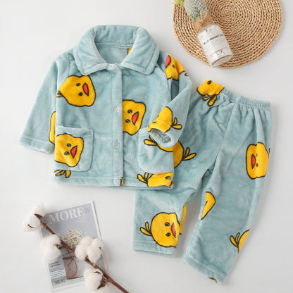 Boys’ & Girls’ Flannel Homewear – Kawaii Cartoon Animal Pajamas