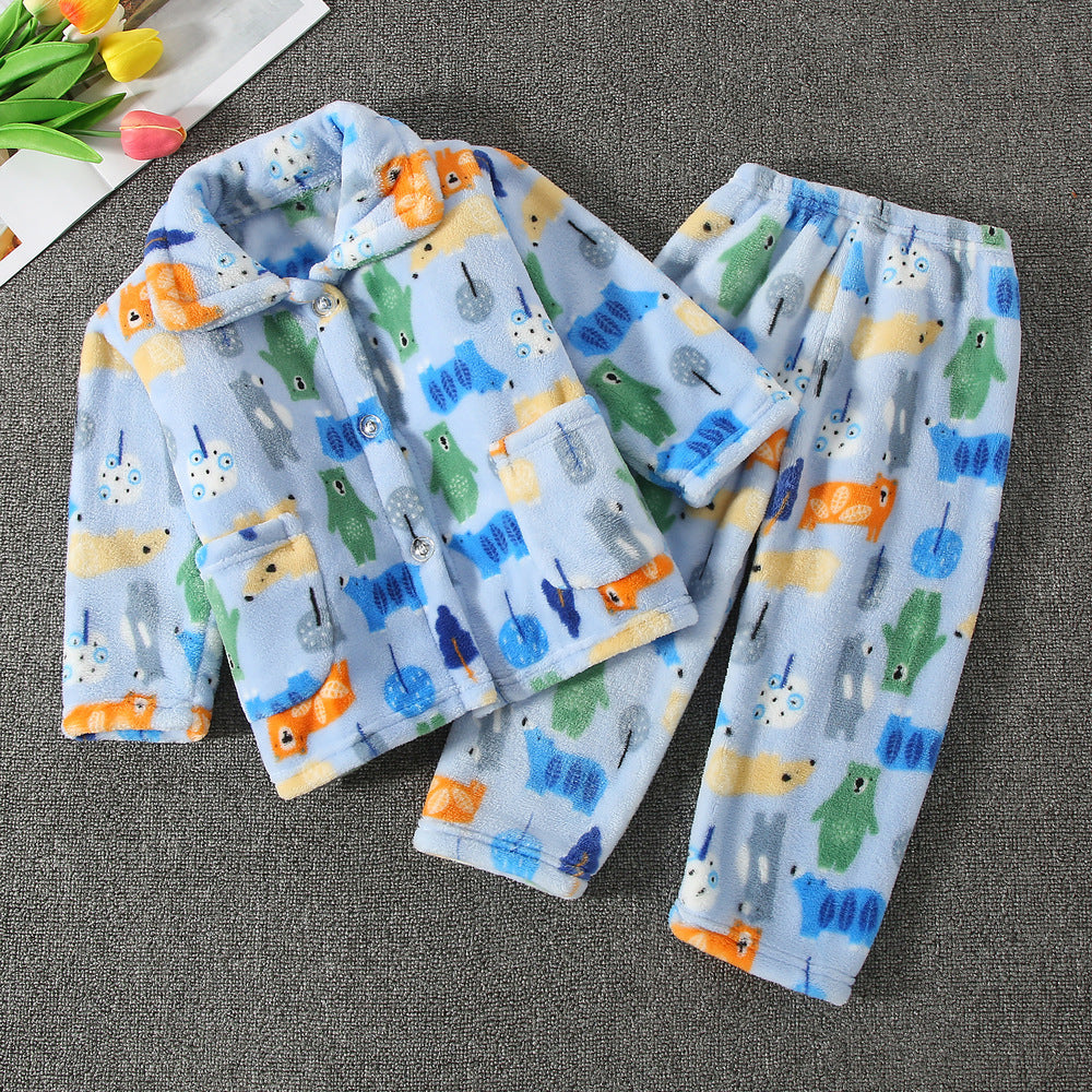 Boys’ & Girls’ Flannel Homewear – Kawaii Cartoon Animal Pajamas