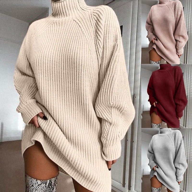 Women's Turtleneck Sweater Dress – Long Warm Winter Knit Dress