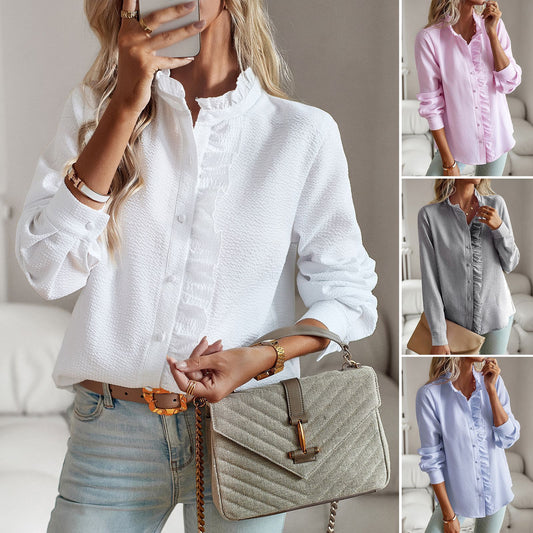Women’s Striped Long Sleeve Button Up Ruffle Blouse – Casual Office Top