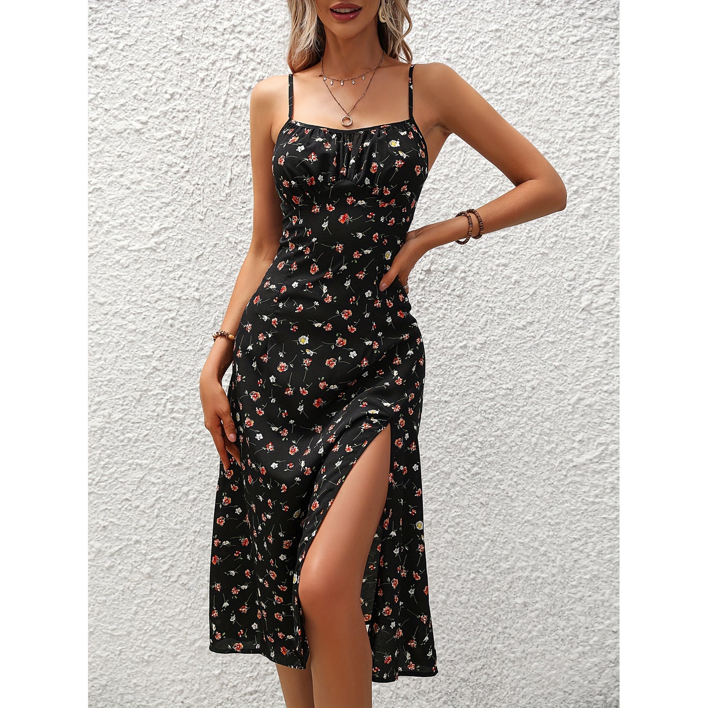 Women's Polka Dot Print Suspender Split Long Dress