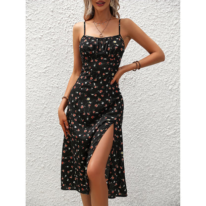 Women's Polka Dot Print Suspender Split Long Dress