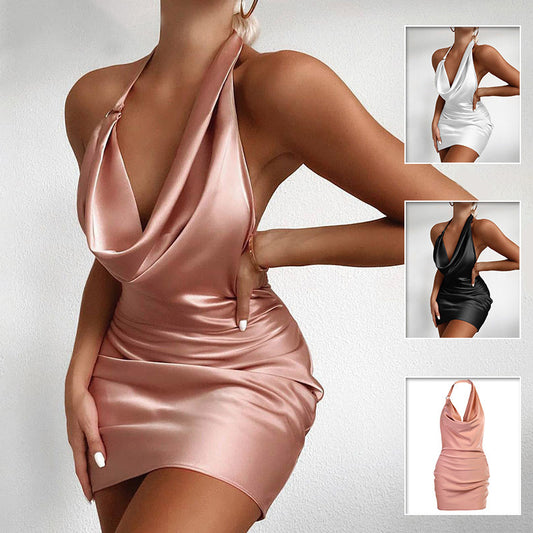 Women's Satin V-Neck Backless Mini Party Dress