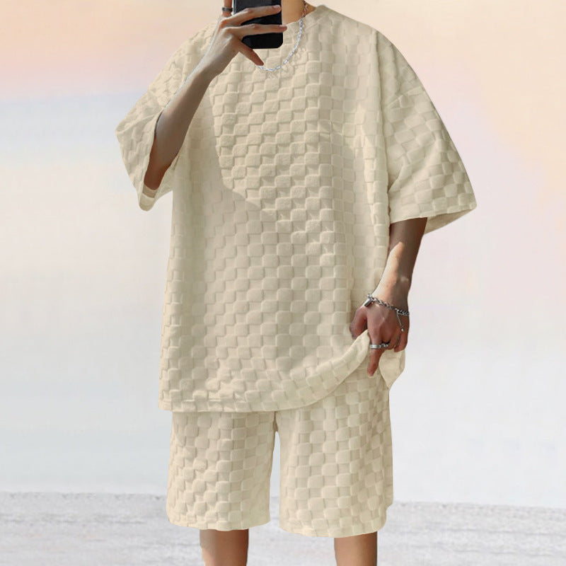Men’s Jacquard Plaid Casual Shorts Suit – Loose Straight Fit