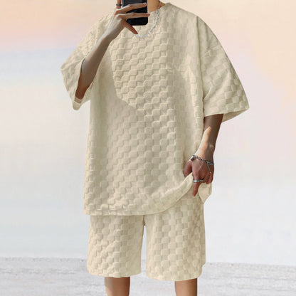 Men’s Jacquard Plaid Casual Shorts Suit – Loose Straight Fit