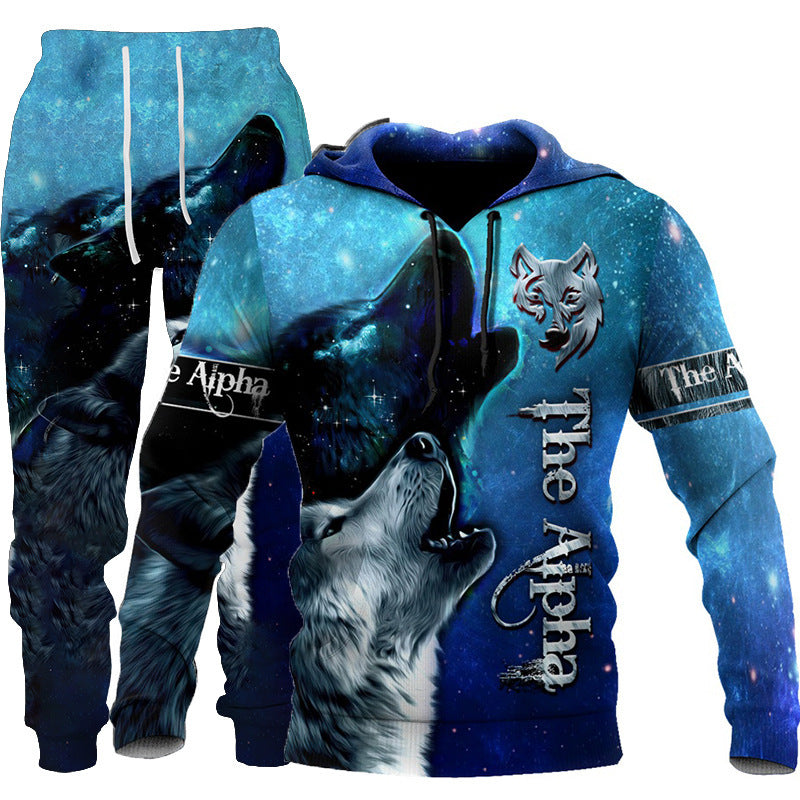 Men’s 3D Wolf Print Tracksuit – Hooded Jogging Set