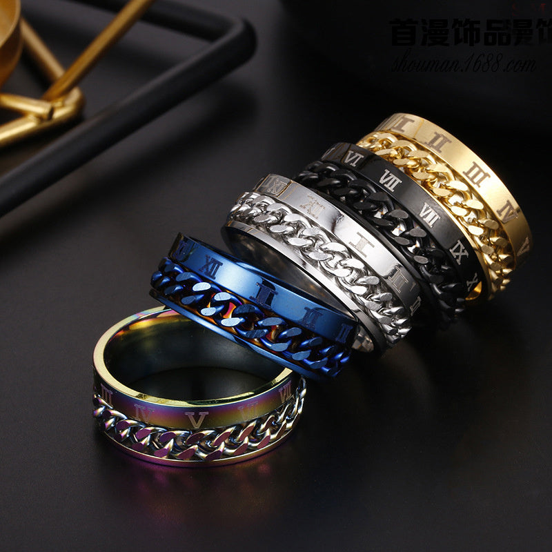Roman Numeral Rotatable Chain Ring – Titanium Steel Spinner Bottle Opener Ring for Men & Couples