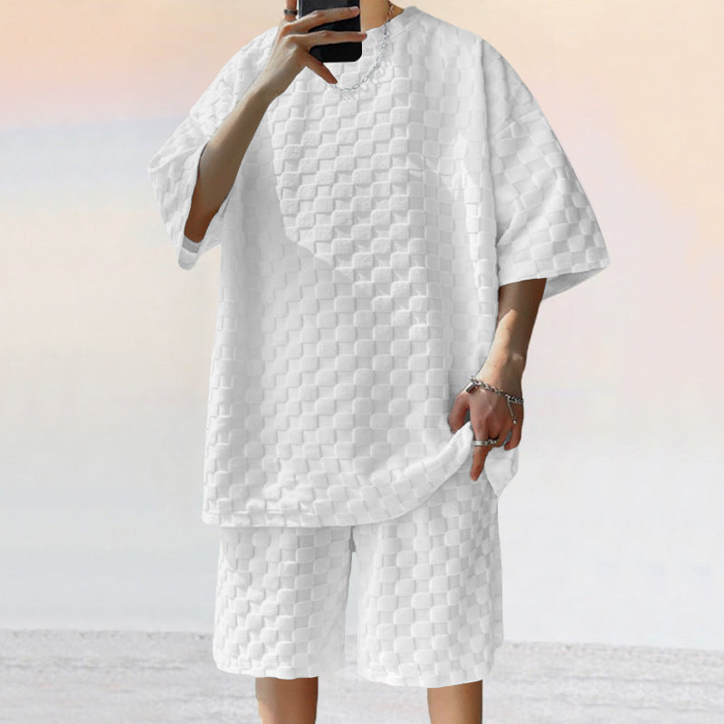 Men’s Jacquard Plaid Casual Shorts Suit – Loose Straight Fit