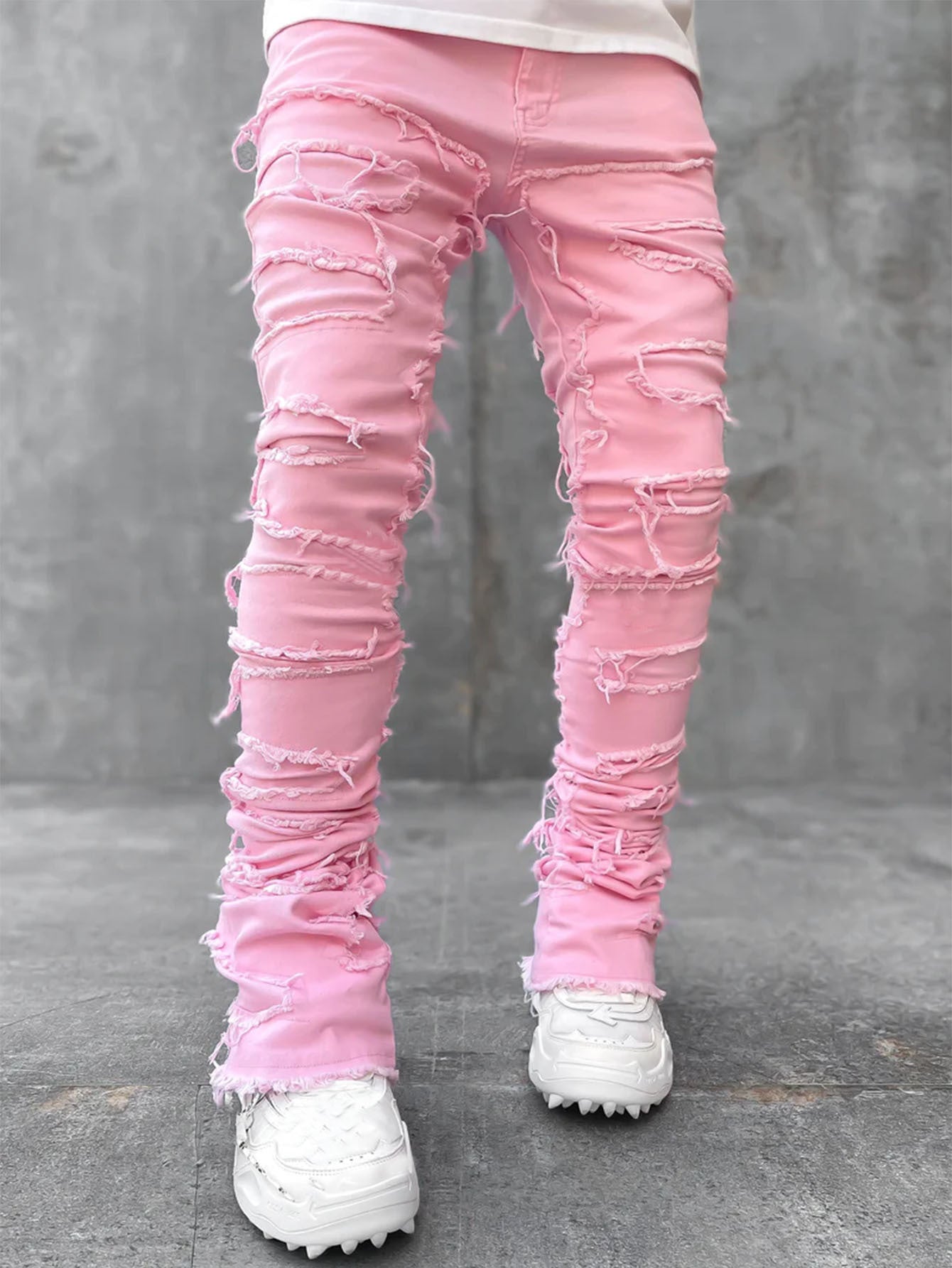 Men’s Stacked Jeans – Slim Fit Patched Denim Trousers