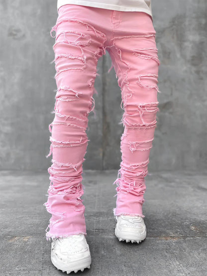 Men’s Stacked Jeans – Slim Fit Patched Denim Trousers