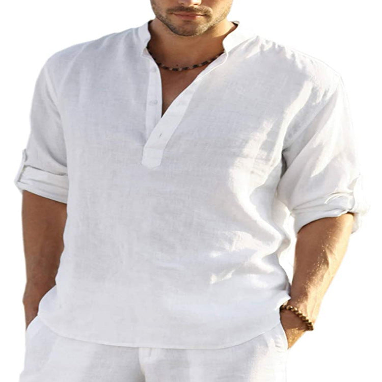 Men’s Cotton Linen Shirt – Casual Long Sleeve with Stand Collar