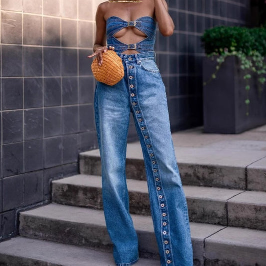 American-Style Retro Washed Straight Jeans – Button Front
