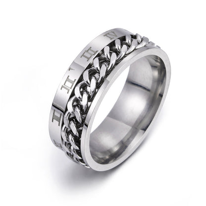 Roman Numeral Rotatable Chain Ring – Titanium Steel Spinner Bottle Opener Ring for Men & Couples