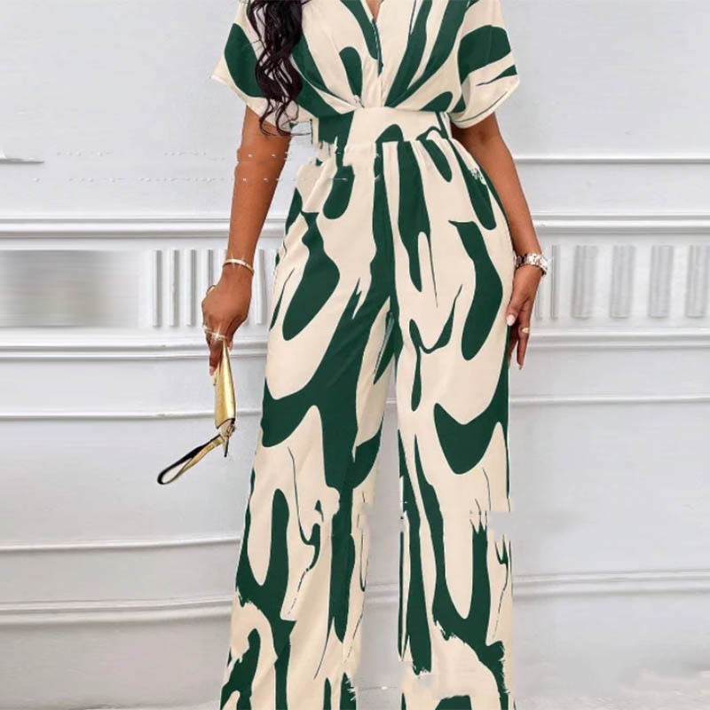 Women’s V-Neck Loose Printed Long Jumpsuit