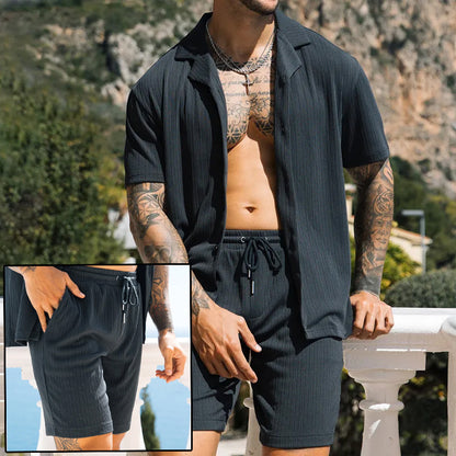 Men’s 2-Piece Summer Set – Short Sleeve Lapel Shirt & Shorts, Beach Style Streetwear