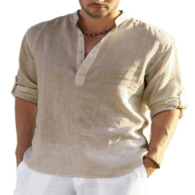 Men’s Cotton Linen Shirt – Casual Long Sleeve with Stand Collar