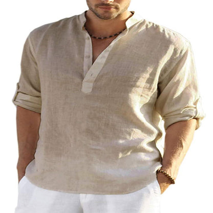 Men’s Cotton Linen Shirt – Casual Long Sleeve with Stand Collar