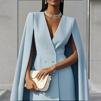 Women’s Elegant V-Neck Double-Breasted Cape Blazer Dress