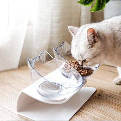 Non-Slip Double Cat & Dog Bowl with Raised Stand – Transparent Pet Feeder for Healthy Eating & Cervical Protection