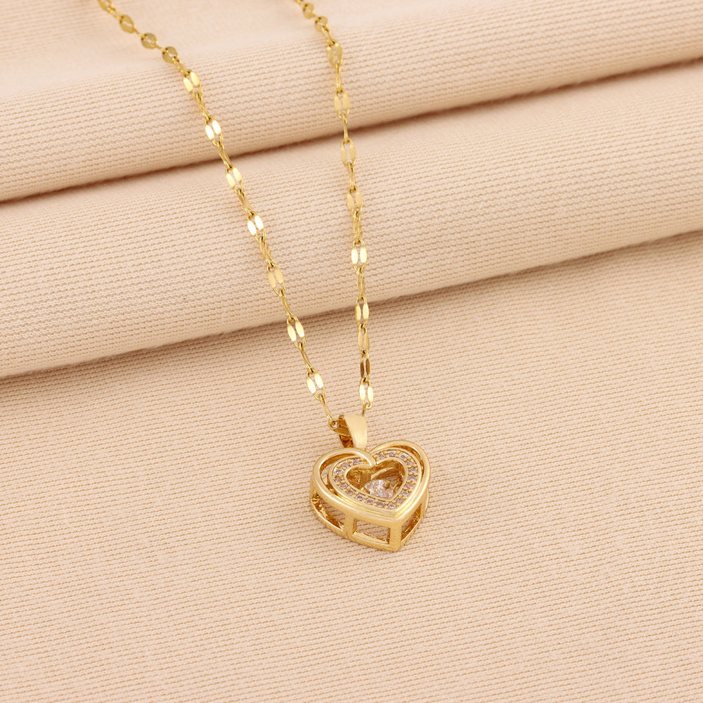 Double Layer Heart Pendant Necklace for Women – Rhinestone Titanium Steel Jewelry Gift