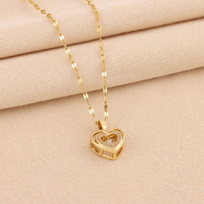 Double Layer Heart Pendant Necklace for Women – Rhinestone Titanium Steel Jewelry Gift